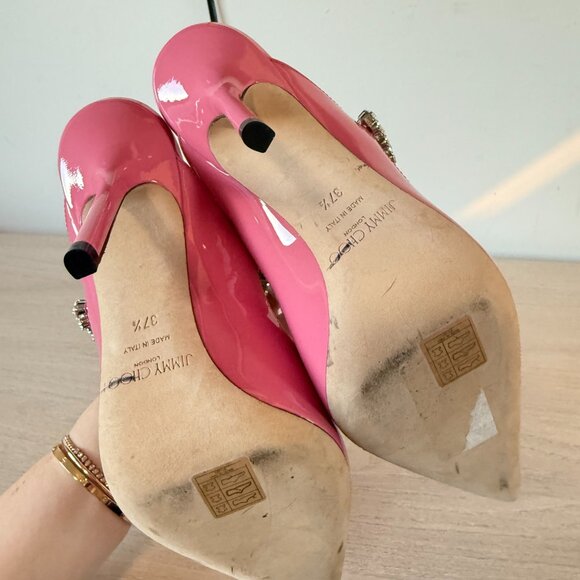Jimmy Choo Bing 100 Mules Pink Patent Leather Crystal Embellished Pointed Toe - Picture 10 of 11